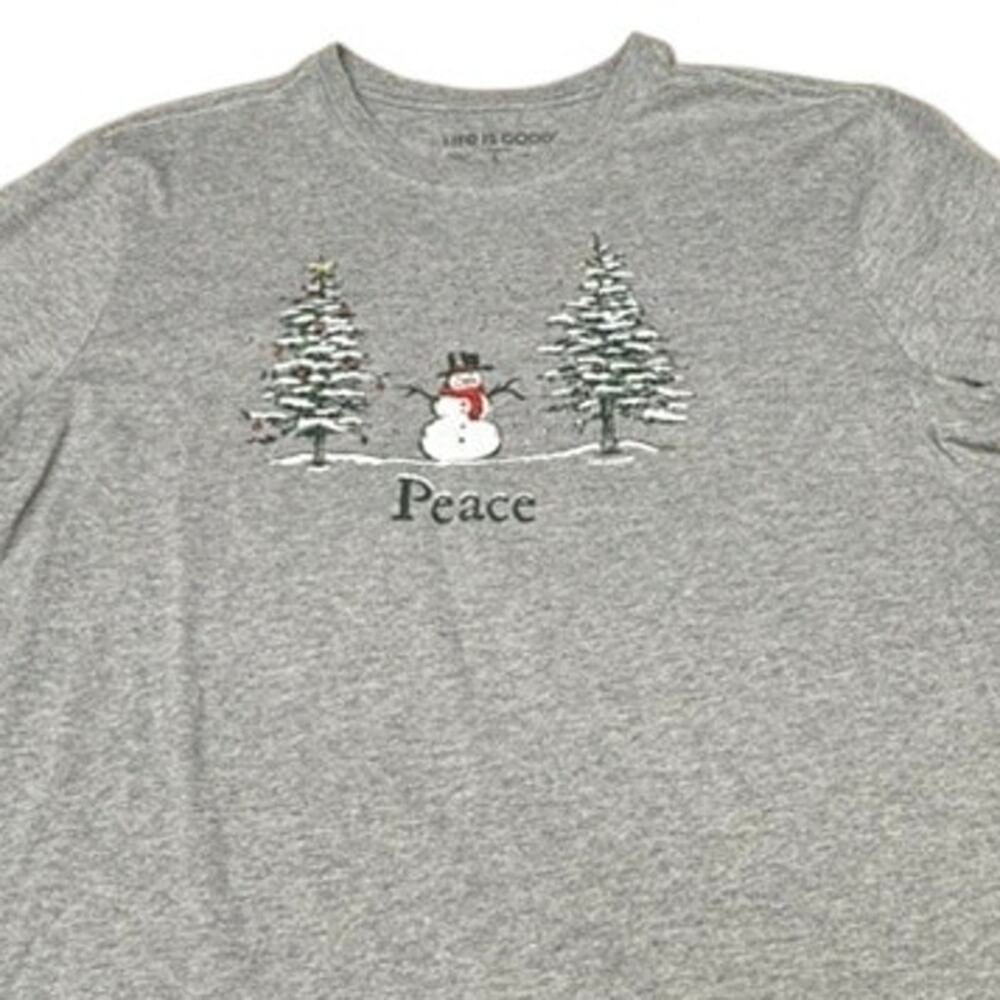 "Life Is Good"Crusher Gray Long Sleeve T-Shirt SZ L Mens Peace Snowman Christmas
